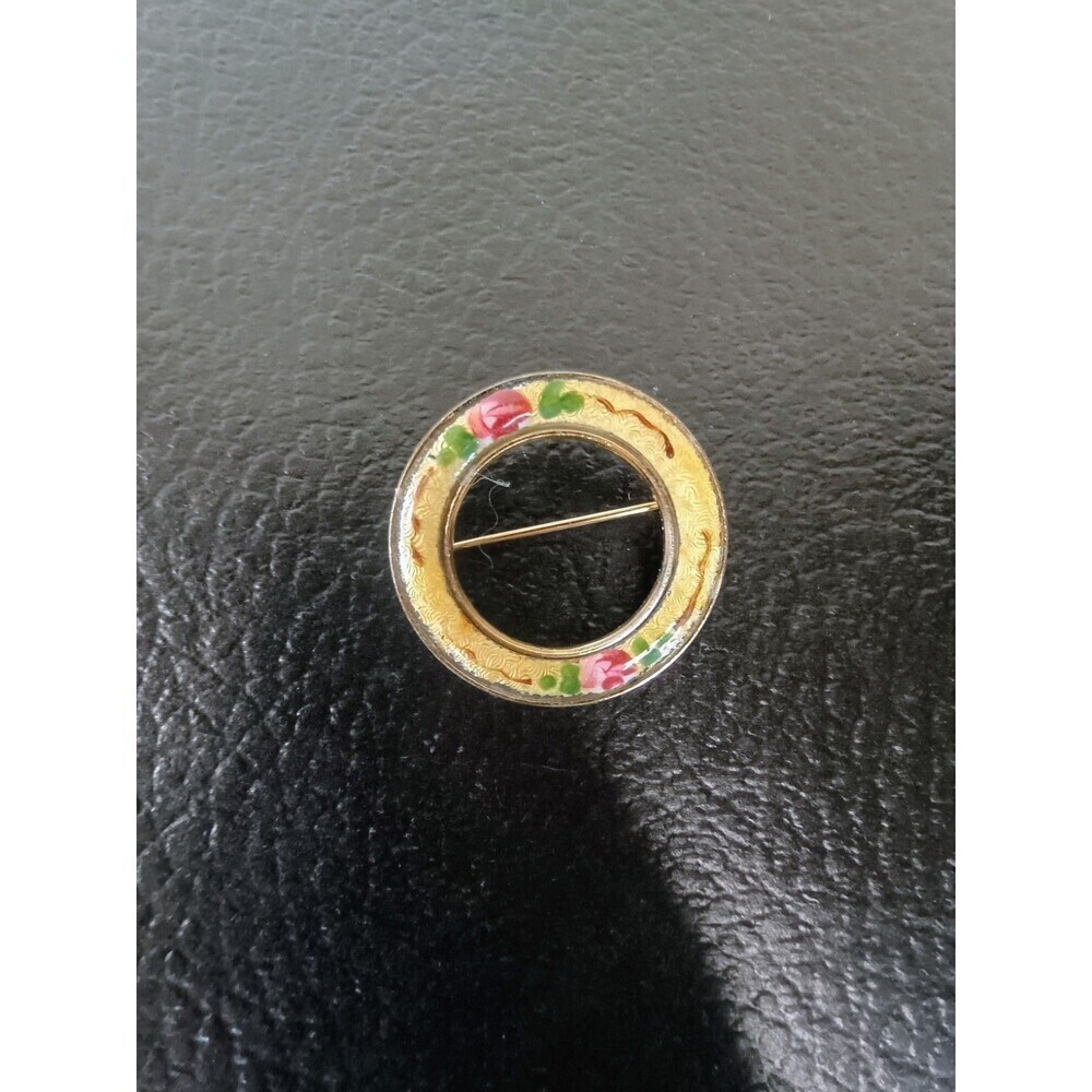 Guilloche Enamel Floral Painted Brooch Gold Tone